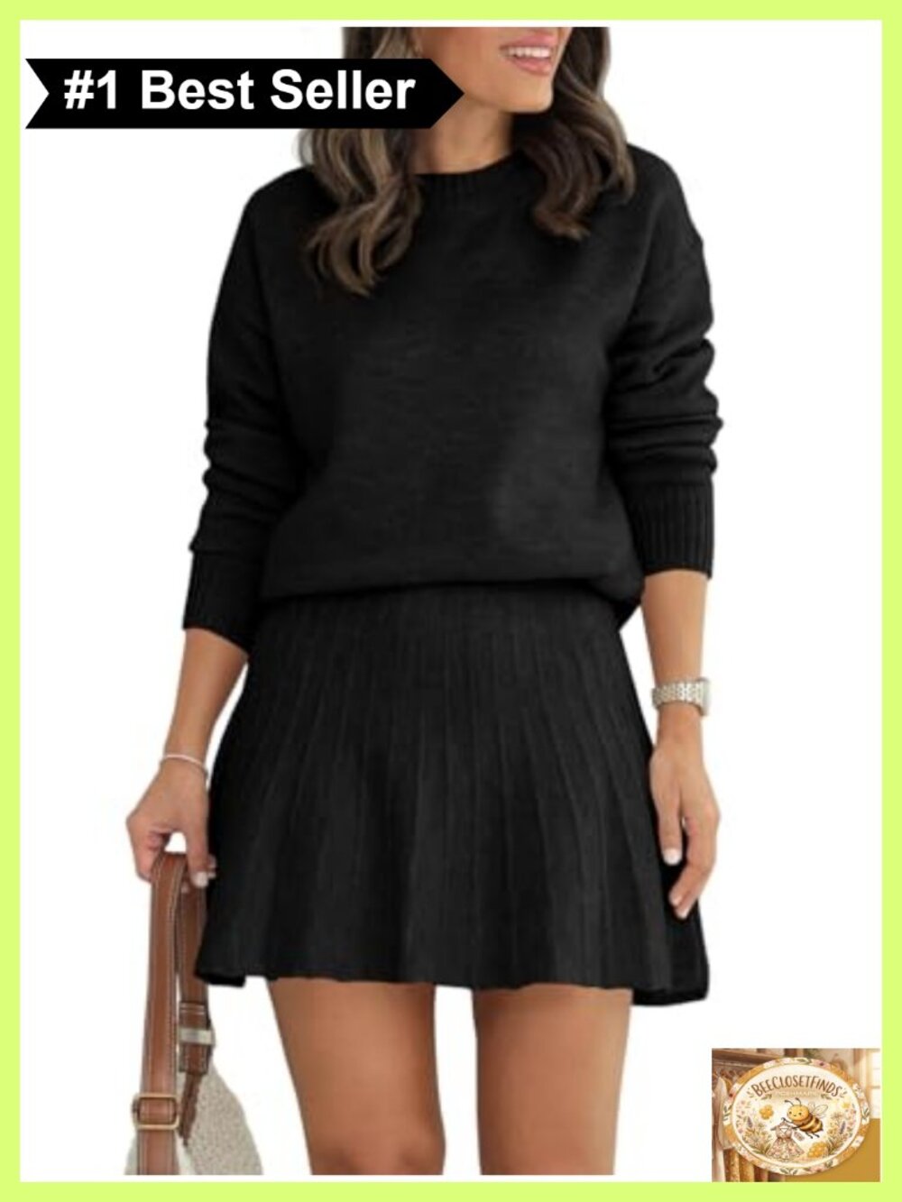 Women's 2 Piece Knit Sweater and Pleated Mini Skirt Set Long Sleeve